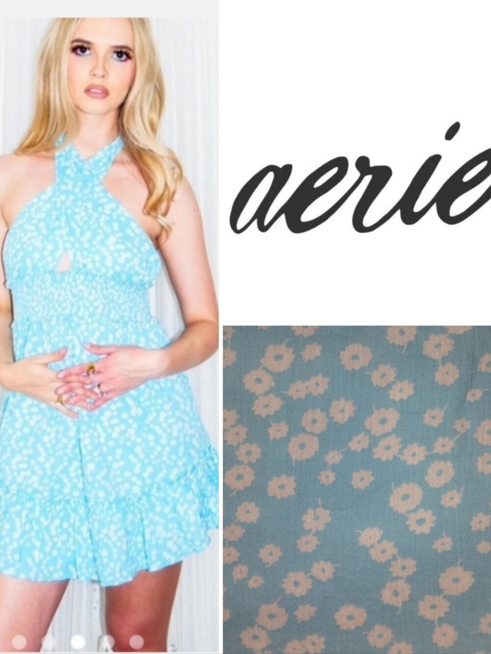NWOT Aerie Spring Fling Cotton Halter Mini Dress, Floral, Aqua Blue